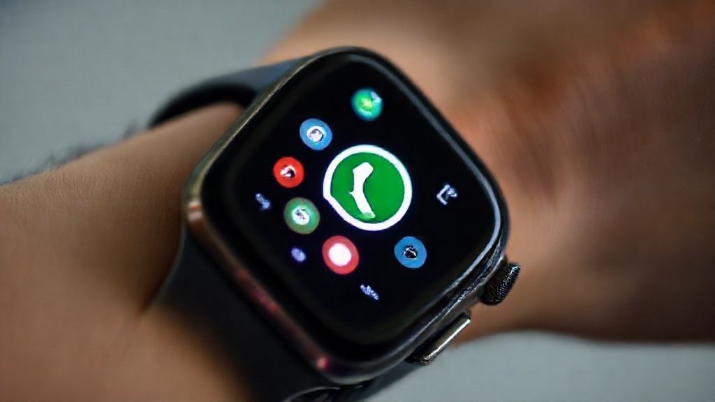 A close-up of an Apple Watch displaying a WhatsApp chat interface, glowing icons, and subtle wrist reflections under soft studio lighting.