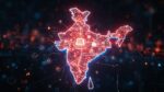 A realistic digital artwork showing India’s map glowing with AI symbols, data streams, and tech company logos merging into smartphones.